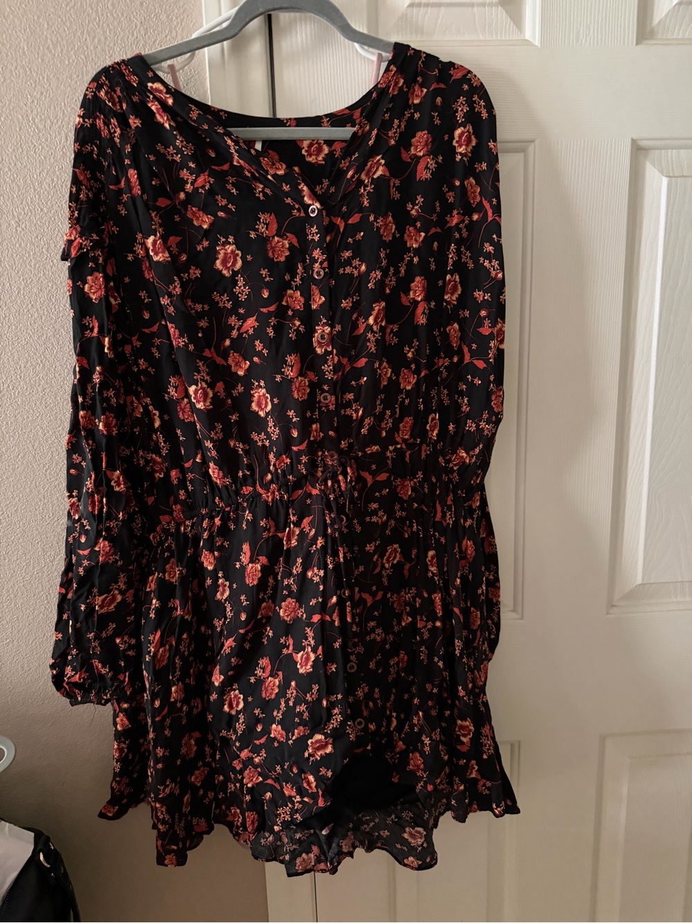 Free People Black Long-Sleeve Floral Smock Dress with Rust Blooms
